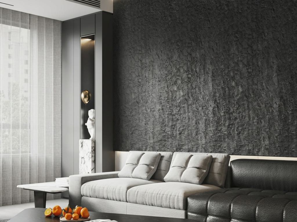 Living room with a dark charcoal textured stone-finish wall and grey sofa