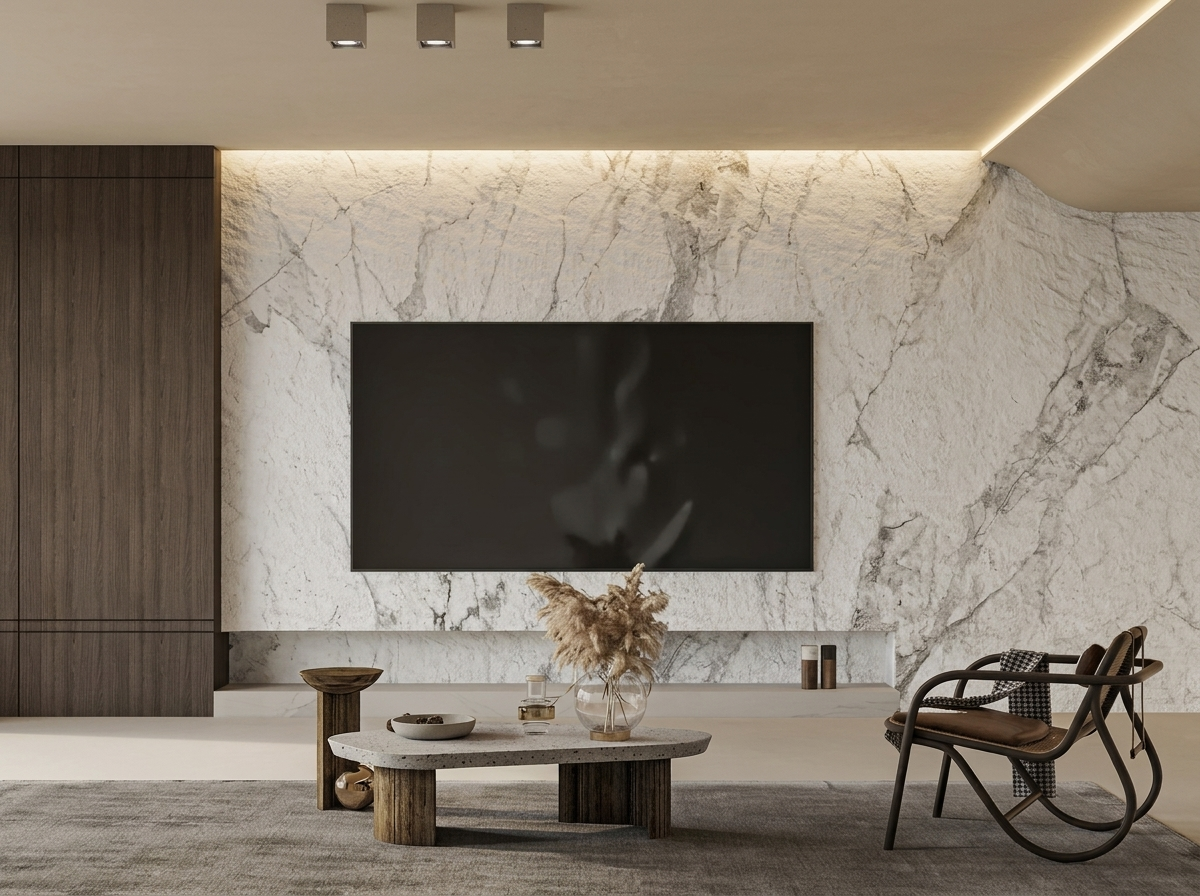 Living room media wall in a white marble-veined stone finish with a wooden cabinet