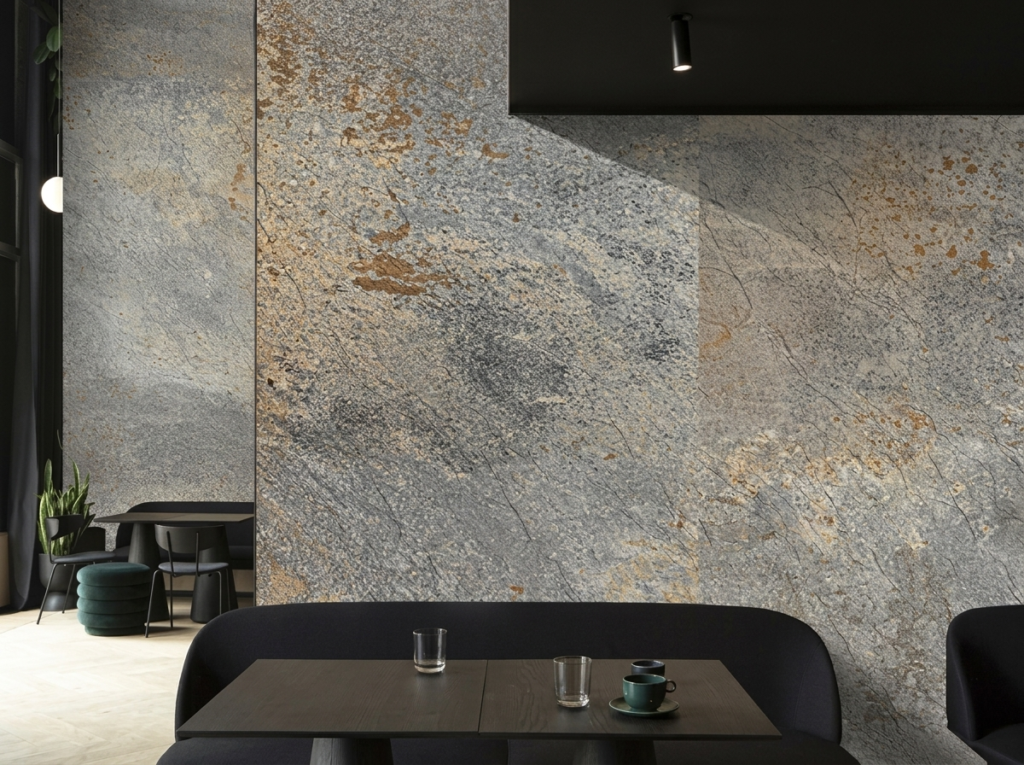 Restaurant interior with a grey and rust slate-finish feature wall and dark seating