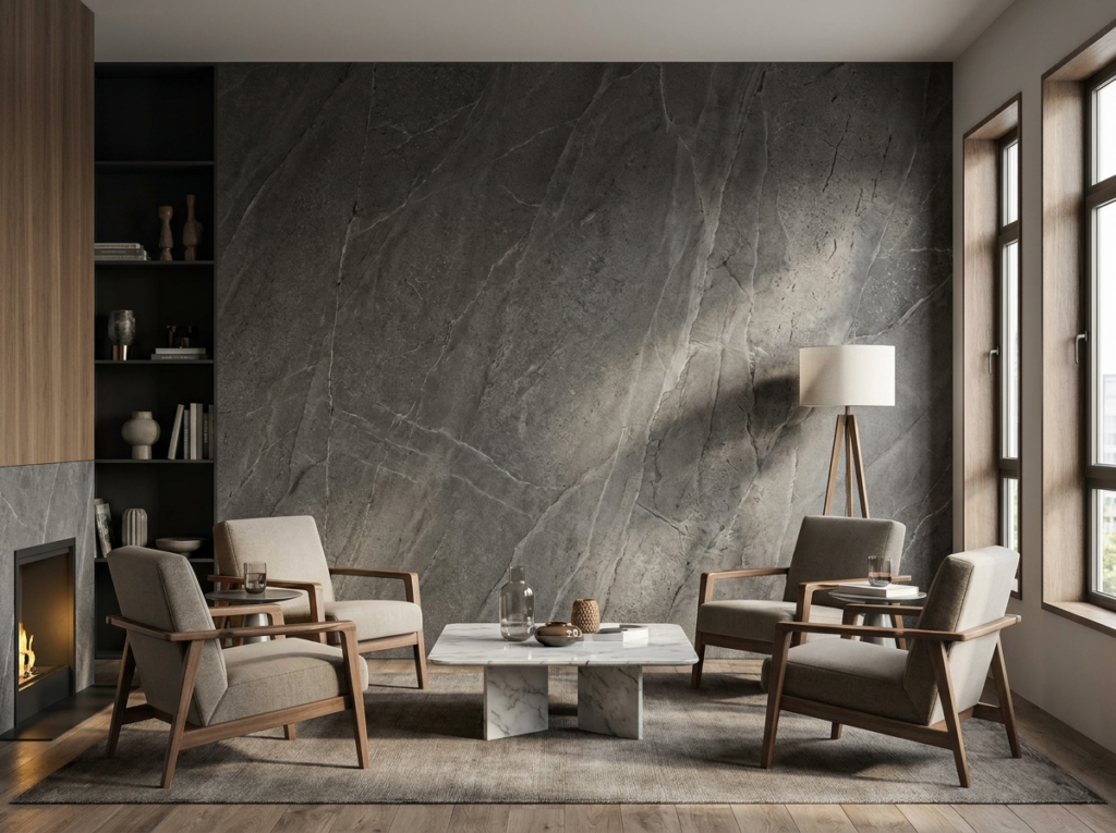 Lounge seating area in front of a dark grey veined stone-finish wall and fireplace